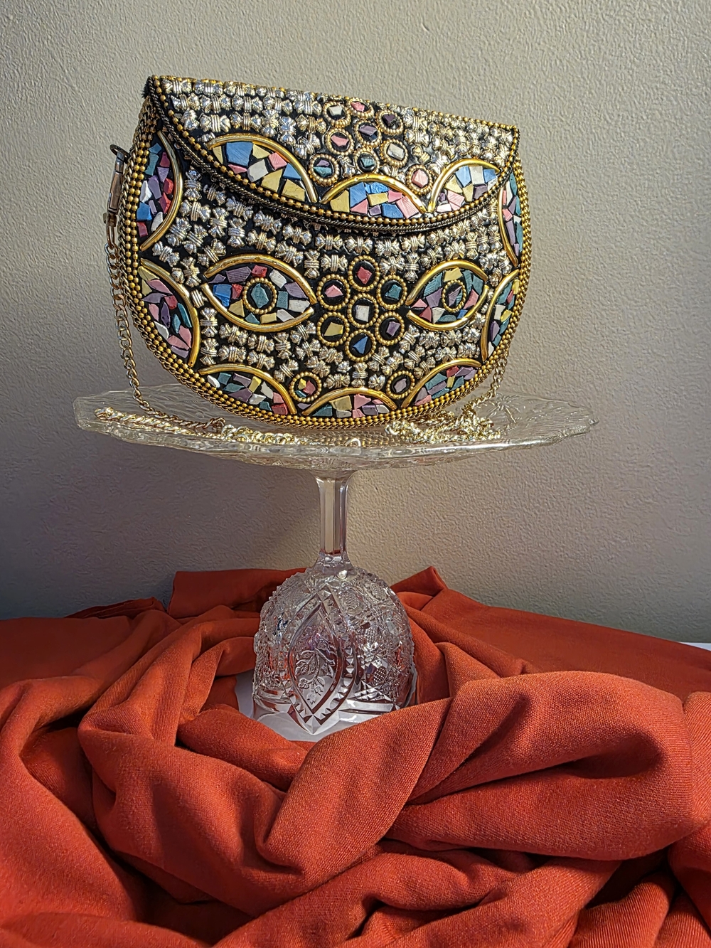Ramla "Rio" Handmade Beaded Mosaic Gold Multicolor Purse Bag Chain Strap